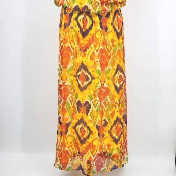 Lauren Ralph Lauren Tribal Ikat Print Yellow Tie-Back Smocked Maxi Dress Women 8 - Picture 6 of 11